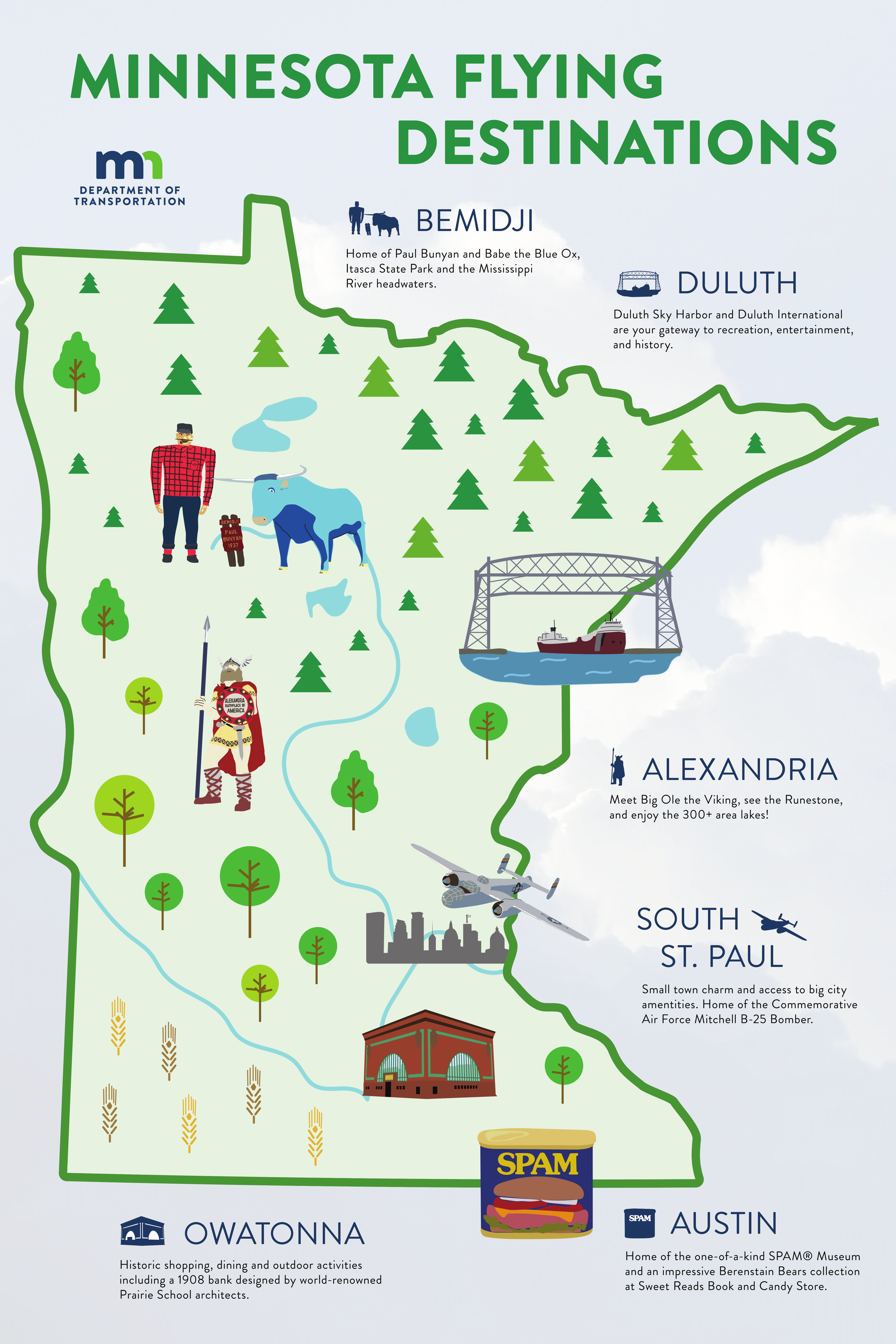 map of destinations to fly to in Minnesota